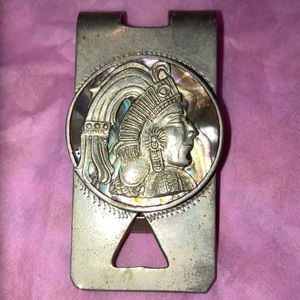Vintage 2 1/5” x 1 1/5” Aztec Mother of Pearl Stamp Signed Collector Money Clip